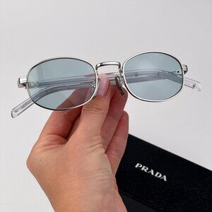 Prada Sunglasses – Silver Oval Frame Azure Lenses | Model PRB53S 1BC40N